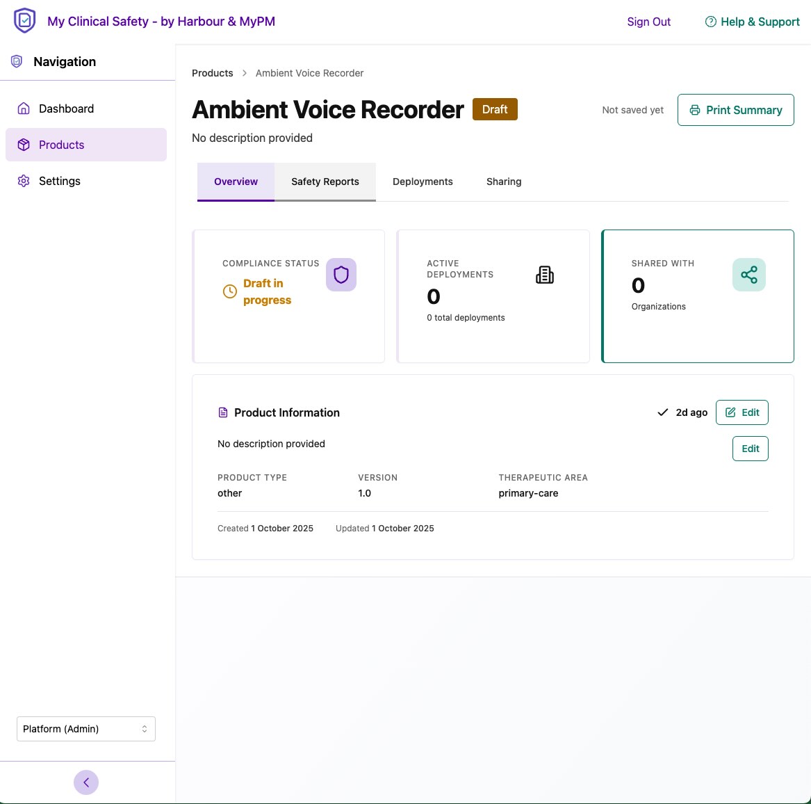 Protect Clinical platform showing product overview with compliance status and deployment tracking